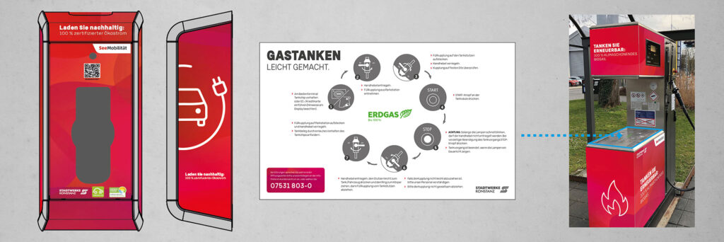 Stadtwerke Konstanz, Gestaltung der E-Ladesäulen und der Erdgas Tankstelle Grafikdesign Design 